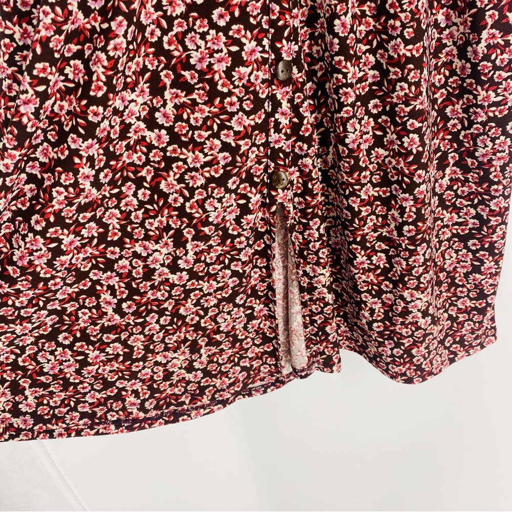 Monteau Brown Pink Floral Belted Pocket V-Neck Mid Dress M - Picture 5 of 7